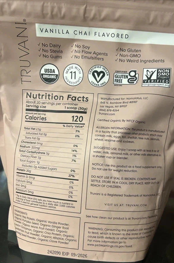 Truvani Organic Vanilla Chai Plant-Based Protein Powder 21.59oz each (2-Pack) | 20g Protein | Two 21.59 oz Bags | 40 Total Servingsi Protein Powder Vanilla Chai 1.35LBS 21.59oz 2 Pack!