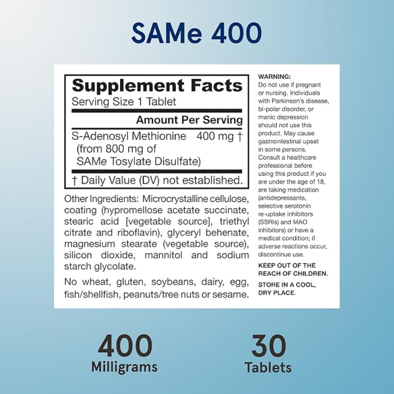 Jarrow Formulas SAMe 400 mg Extra Strength 30 Enteric-Coated Tablets