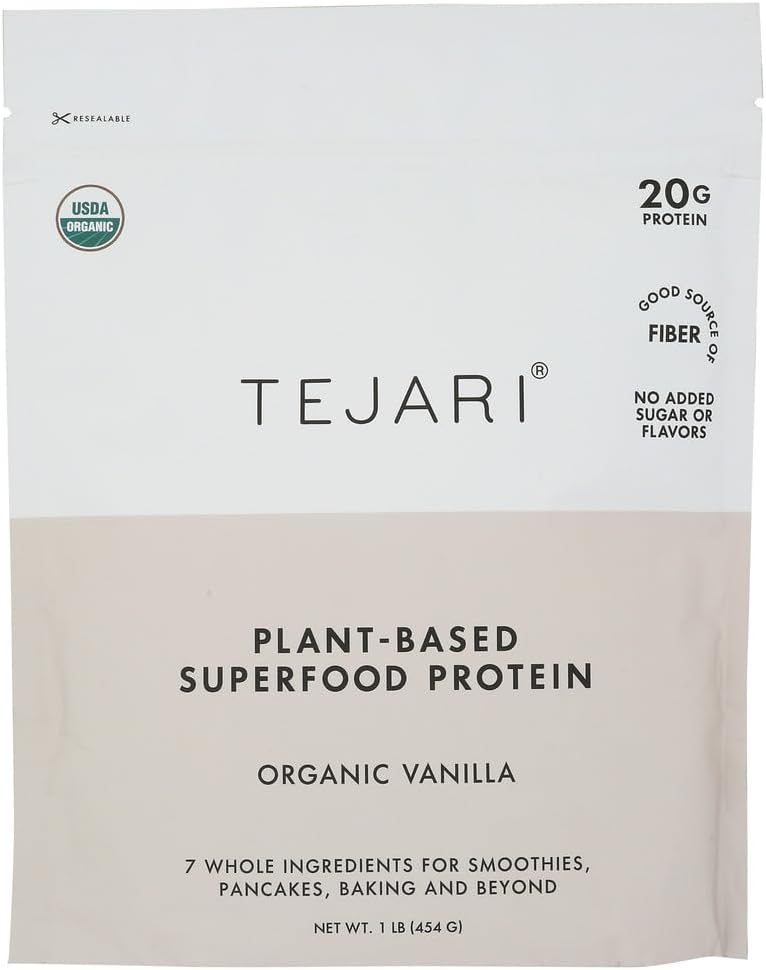 Tejari Organic Vanilla Plant Protein Powder - 16 oz (1 lb / 454g) - Clean Label, Vegan Protein with Organic Pumpkin Seed and Pea Protein