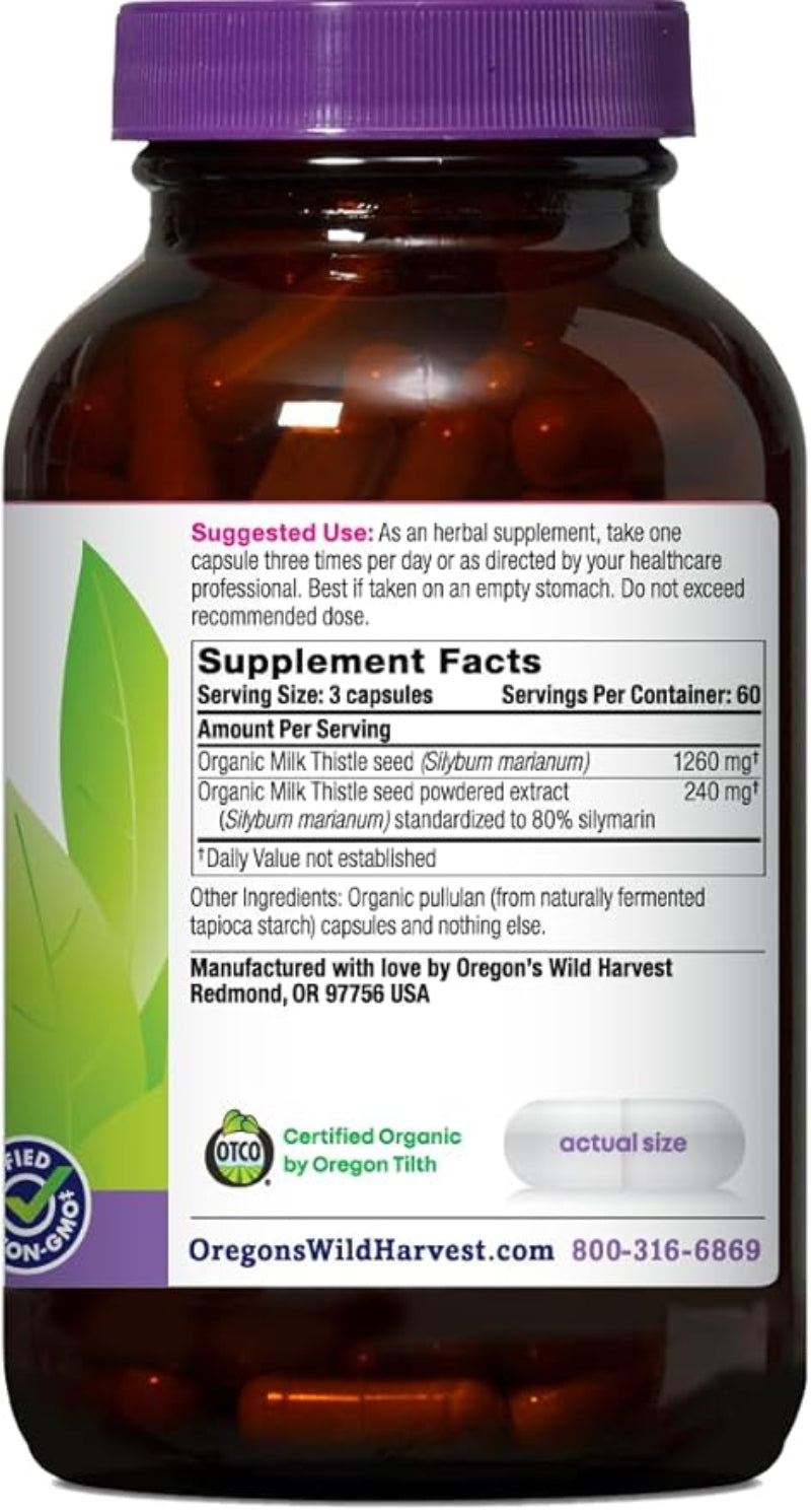 Oregon's Wild Harvest Milk Thistle Organic - 180 Vegan Capsules - Non-GMO Herbal Supplement for Liver Support & Detoxification
