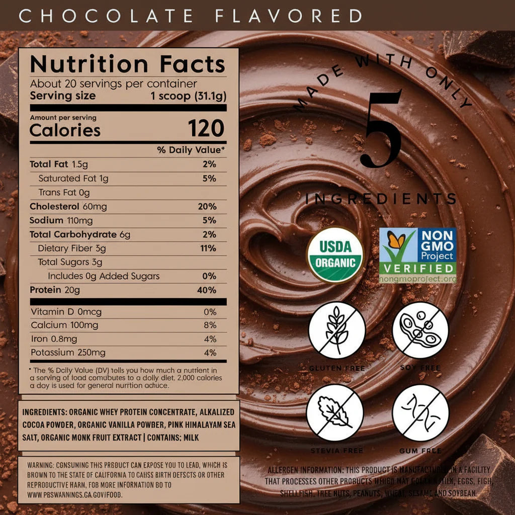 Truvani Organic Whey Protein Powder, Chocolate – 20g Grass Fed Whey Protein, 20 Servings, USDA Organic, Gluten-Free, Non-GMO, Stevia-Free