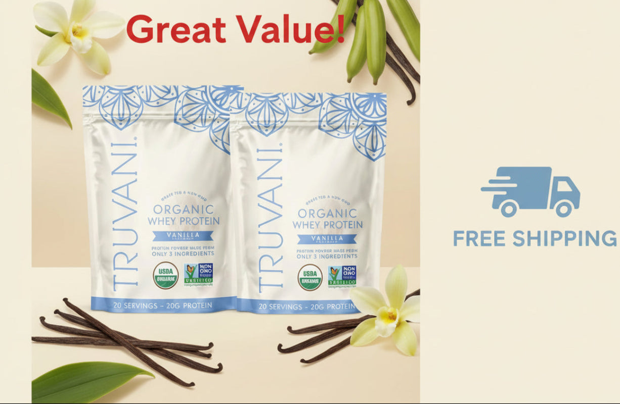 Truvani Organic Vanilla Whey Protein Powder 2-Pack - (40 Servings Total) 20g Grass-Fed Protein, USDA Organic, Stevia-Free