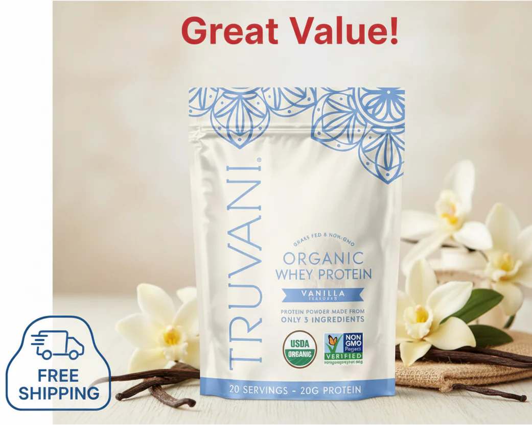 Truvani Organic Whey Protein Powder, Vanilla - 20g Grass Fed Whey Protein, 20 Servings, USDA Organic, Gluten-Free, No Added Sugars