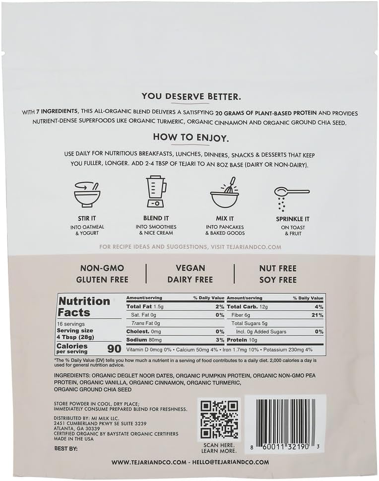 Tejari Organic Vanilla Plant Protein Powder - 16 oz (1 lb / 454g) - Clean Label, Vegan Protein with Organic Pumpkin Seed and Pea Protein