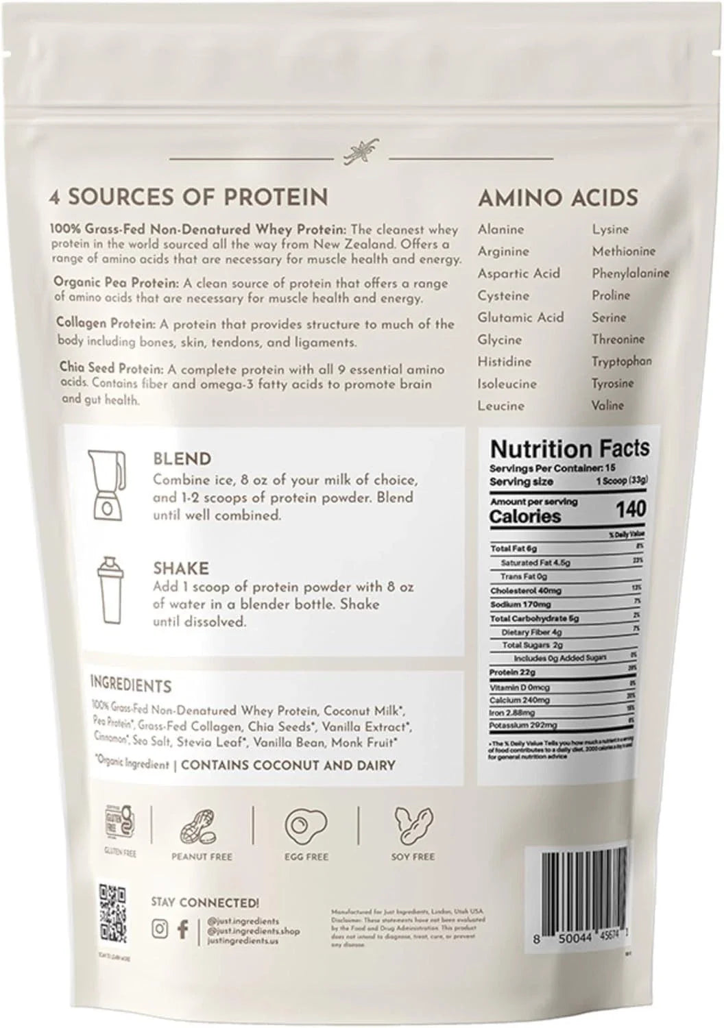 Just Ingredients  Whey Protein Vanilla Bean 18.8 oz 2Pack! 37.6 oz Total