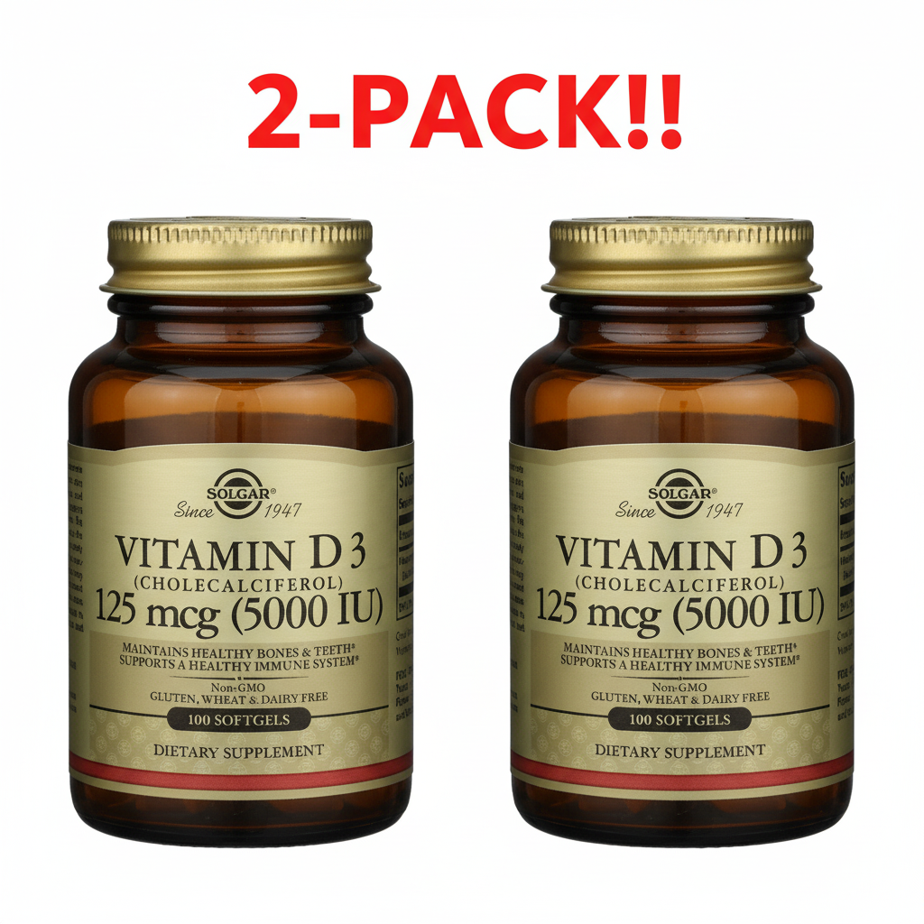 Solgar Vitamin D3 5000 IU - High Potency Immune & Bone Health Support (2 Pack: 200 Softgels)