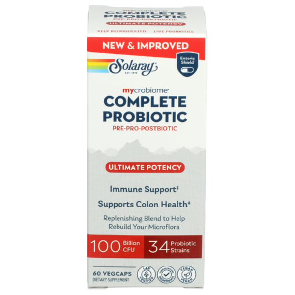 Solaray Mycrobiome Complete Probiotic Ultimate Potency | 100 Billion CFU, 34 Strains | 3-in-1 Pre-Pro-Postbiotic | 60 Capsules (30 Servings)