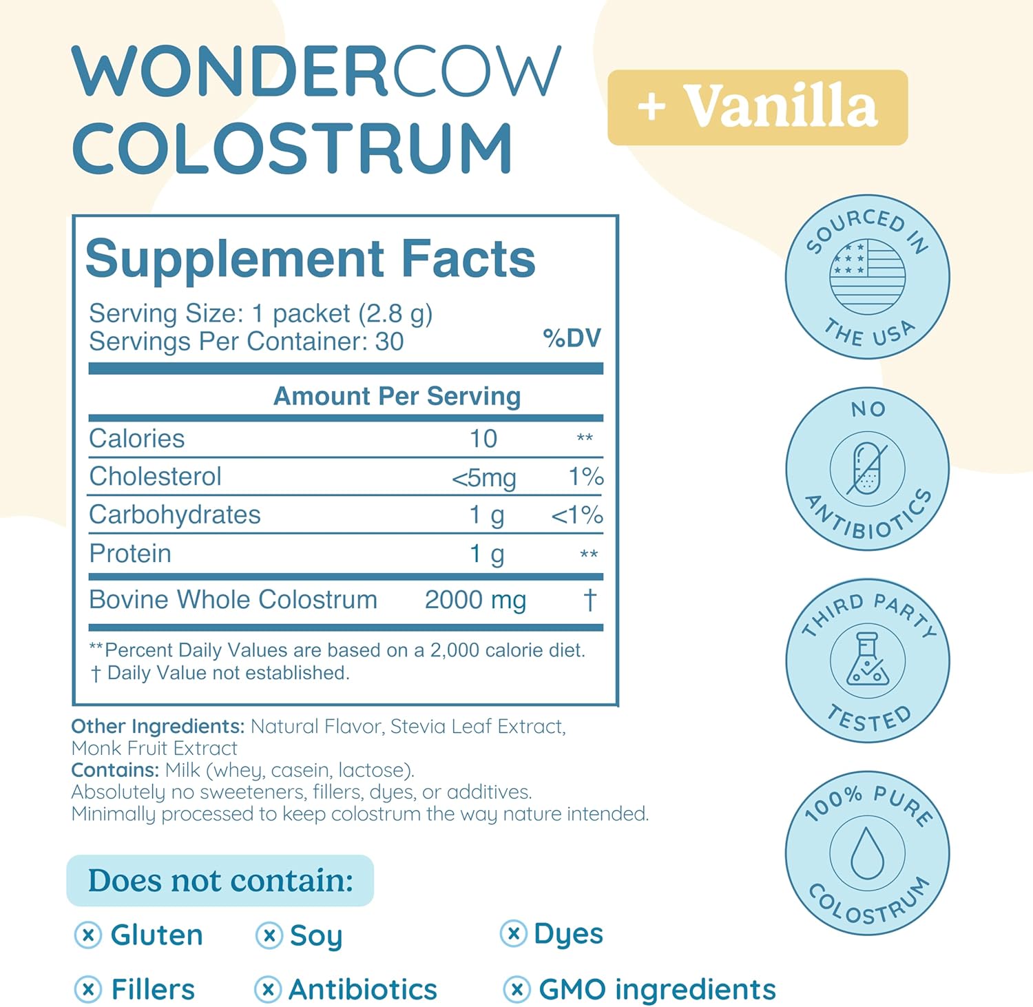 Wondercow Vanilla Colostrum Powder Packets (30 Pack) - Immune & Gut Health