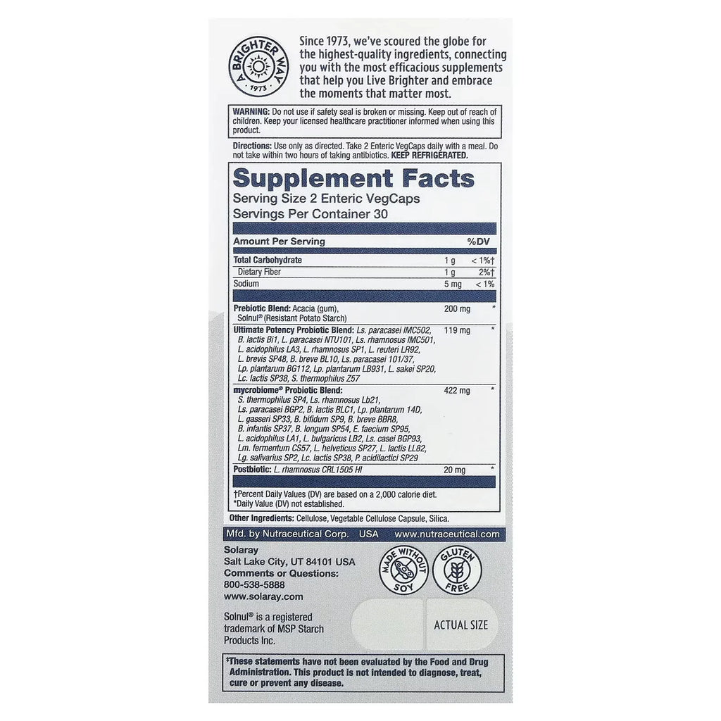 Solaray Mycrobiome Complete Probiotic Ultimate Potency | 100 Billion CFU, 34 Strains | 3-in-1 Pre-Pro-Postbiotic | 60 Capsules (30 Servings)