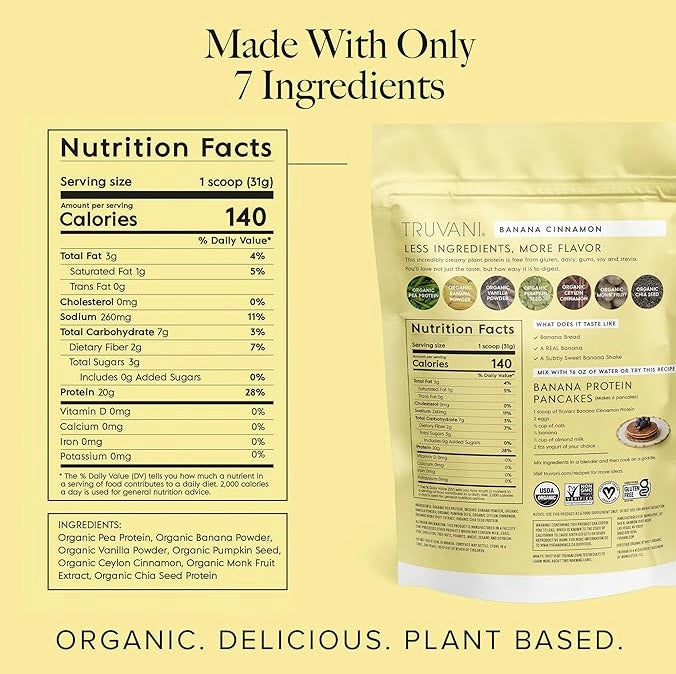 Truvani Organic Banana Cinnamon Plant-Based Protein Powder | 22.19 oz | 20g Protein | Vegan & Clean Ingredients