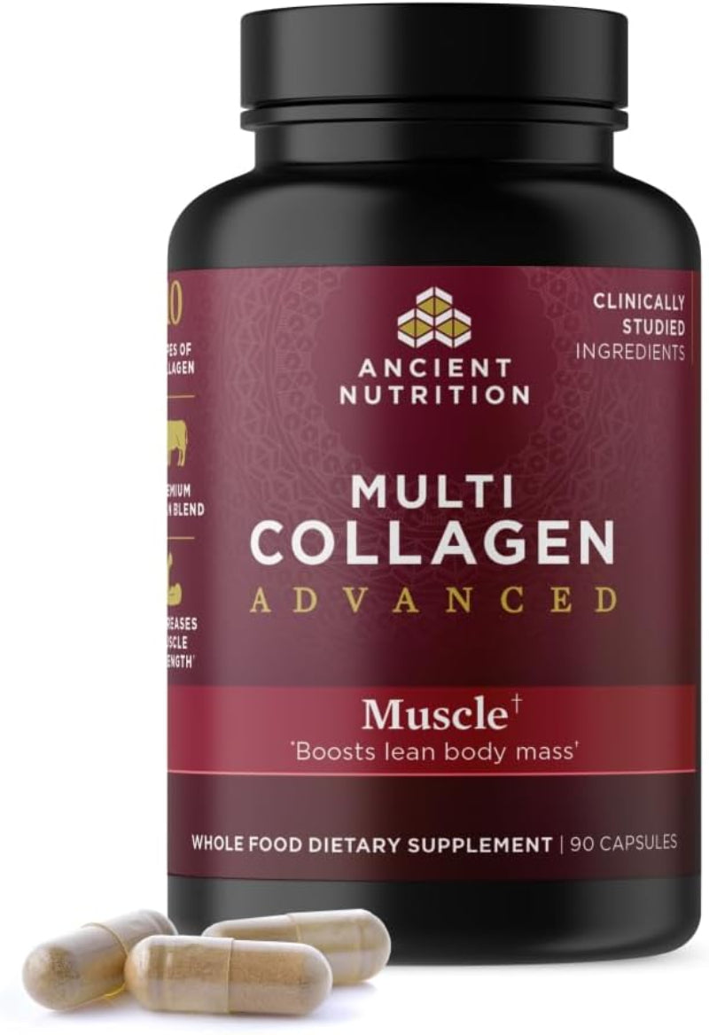 Ancient Nutrition Advanced Multi Collagen Protein Capsules Muscle 90 Count,– 10 Types of Collagen for Muscle Recovery & Joints (Unflavored)