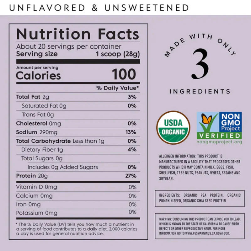 Truvani Organic Unflavored Plant-Based Protein Powder - 19.75 oz Vegan & Non-GMO Clean Protein