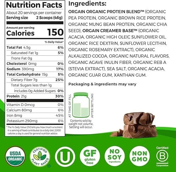 Orgain Organic Plant Based Protein Powder - Creamy Chocolate Fudge (2.03 lb / 920g)